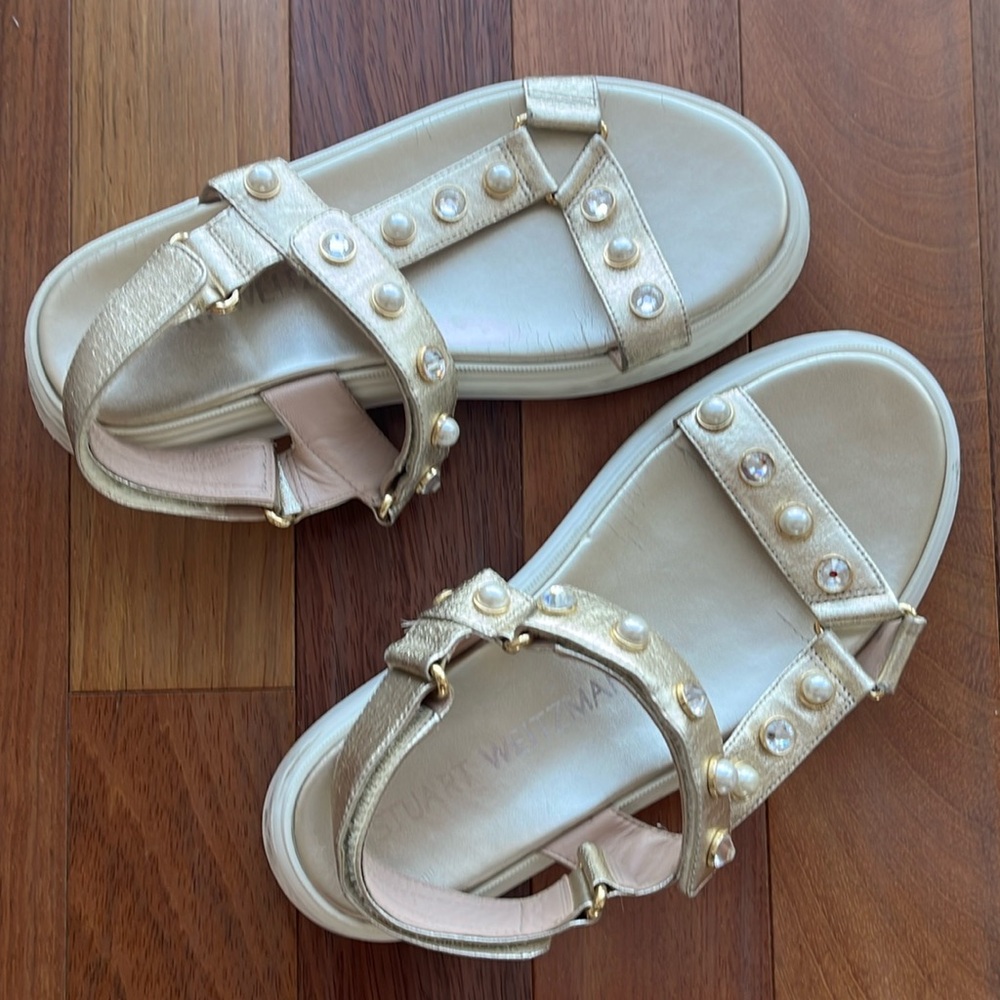 Stuart Weitzman Zoelie Beaded Metallic Gold Leath… - image 2